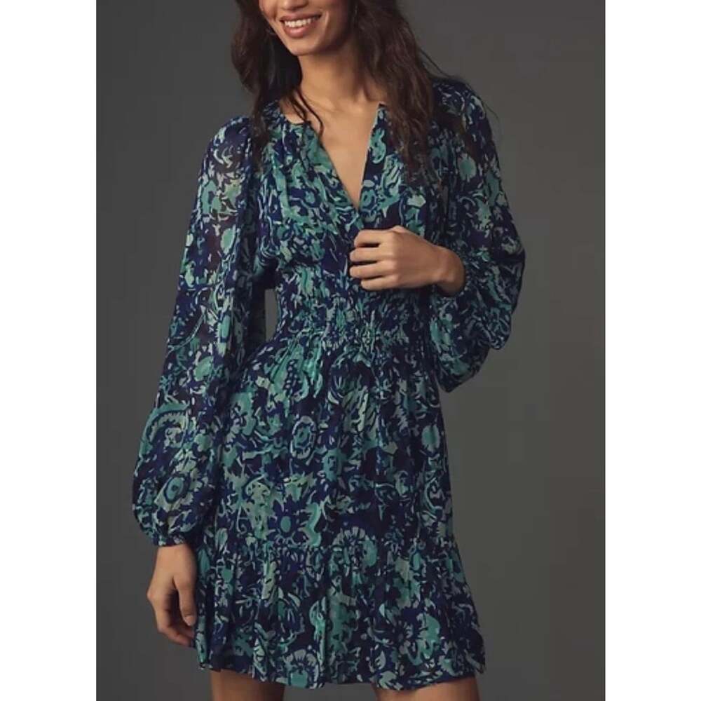 Anthropologie Somerset Mini Dress S Blue Green Floral Long Sleeve Smocked